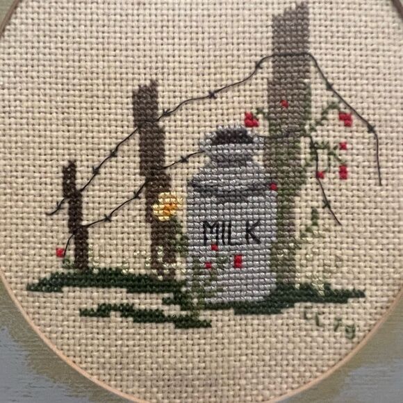 Vintage 1979 framed milk cross stitch w updated chalk paint - Picture 2 of 5